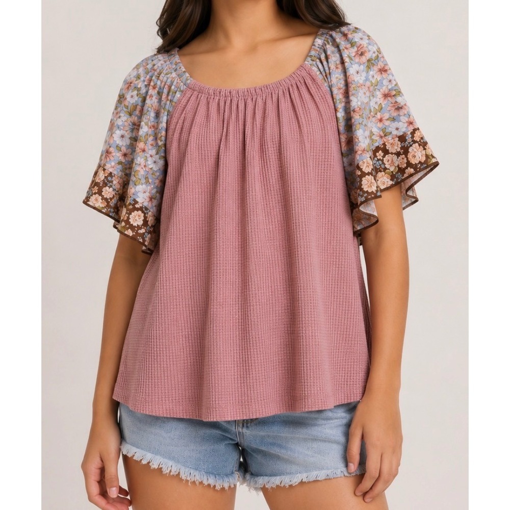 Daytrip Youth Girls XL Mauve Pink Ribbed Knit Floral Flutter Sleeve Top Boho